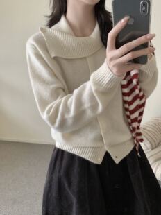 气质贝熊绒针织上衣 女长袖 欧货时尚 高级感别致翻领单排扣针织开衫