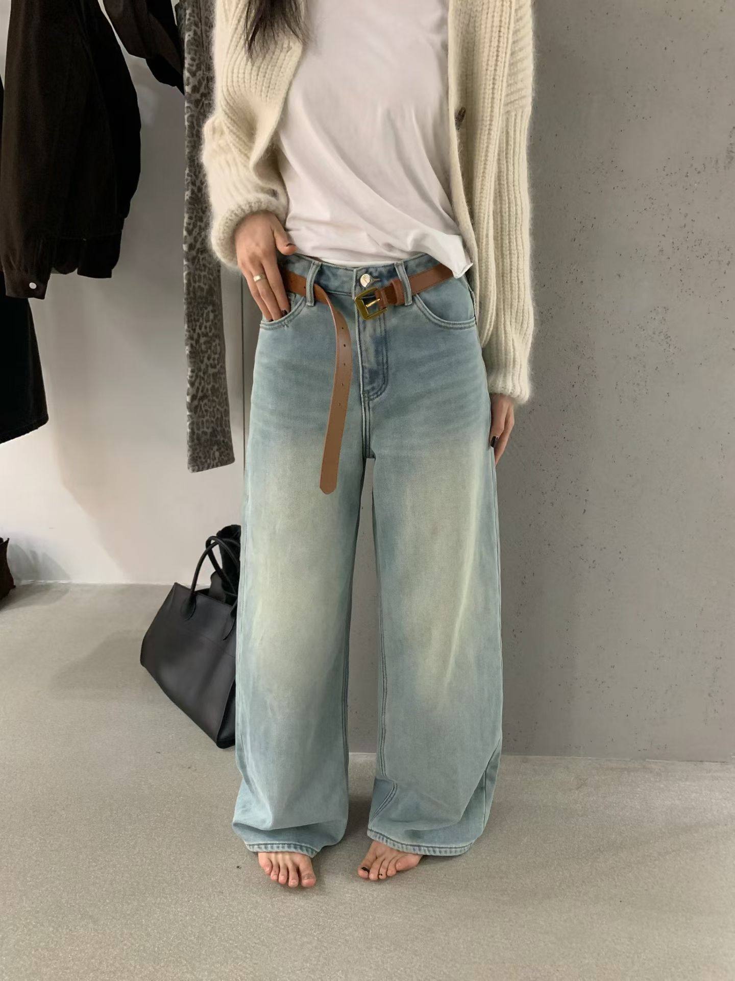 反季色宽松牛仔裤藏肉显瘦阔腿裤