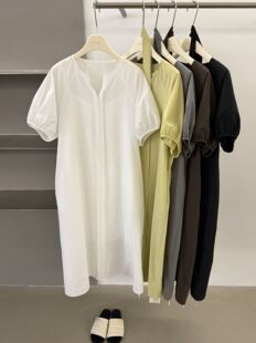 韩国CALOSCI时尚慵懒风松弛感长款过膝V领泡泡袖休闲连衣裙63685