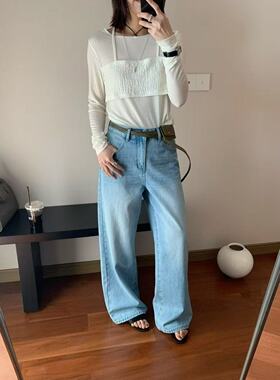 韩国GL时尚设计感复古高腰直筒牛仔裤女百搭休闲显瘦阔腿长裤7609