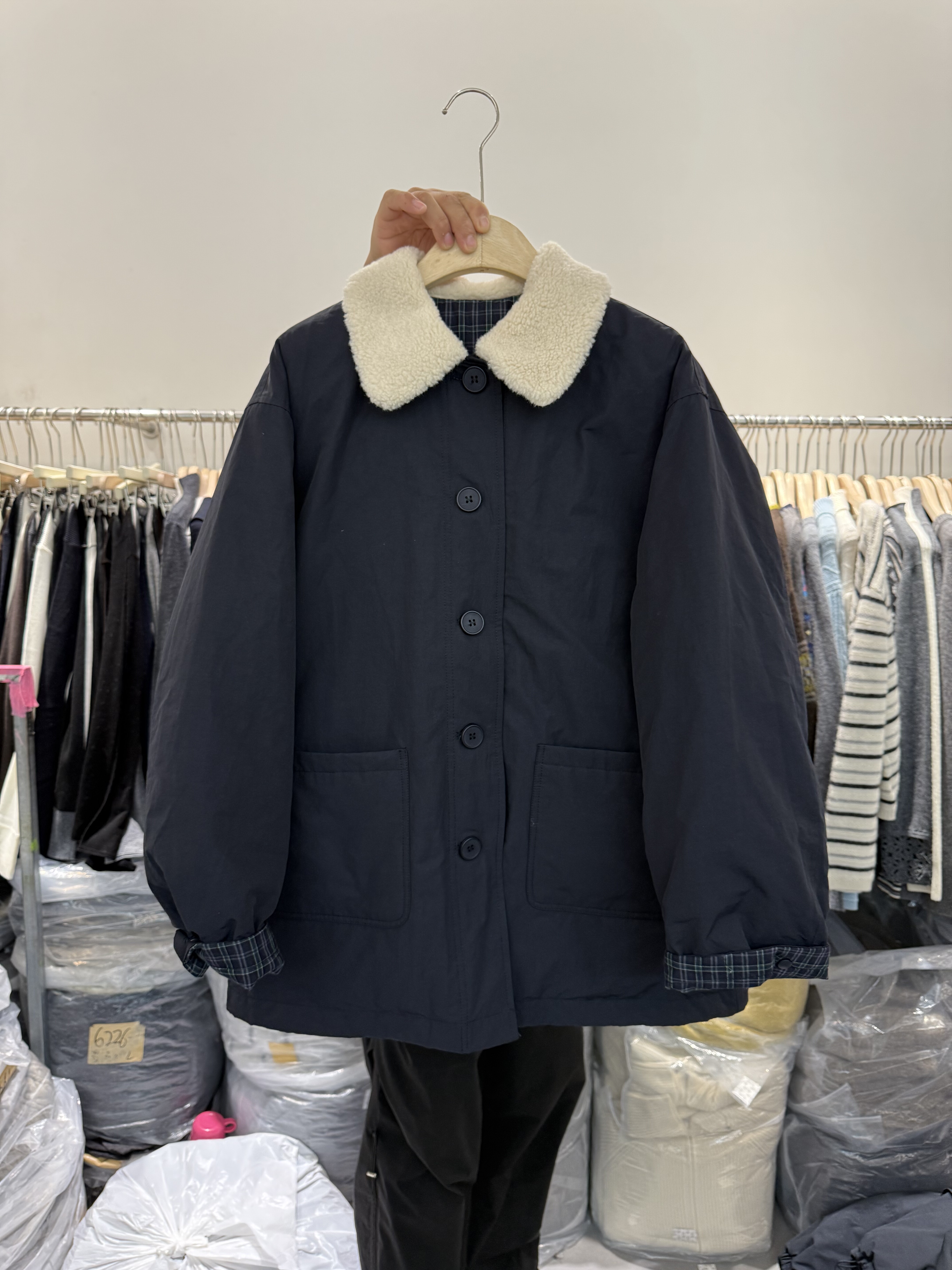 撞色格子内衬工装羽绒服防风服