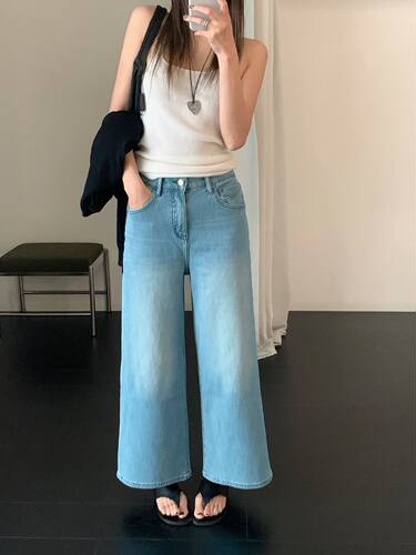 韩国AP时尚设计感高腰显瘦四面弹直筒牛仔裤垂感阔腿裤休闲裤6503