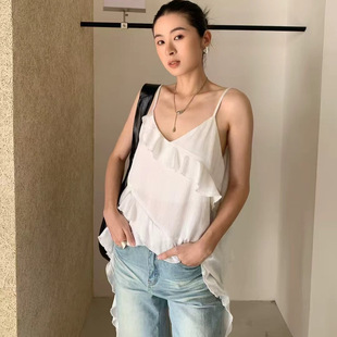 小众背心女 chic不规则荷叶边飘带边吊带上衣女时尚 moment夏季 韩版