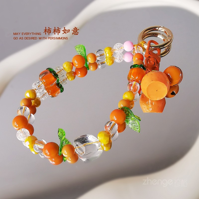 原创柿子铃铛水晶手机链挂绳古风文艺串珠挂件户外携带钥匙壳结实