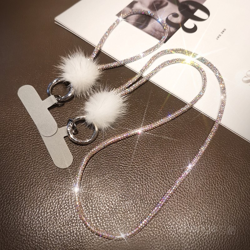 水钻手机挂绳挂脖长款高端毛球满钻挂链手提防丢腕带钥匙绳壳结实
