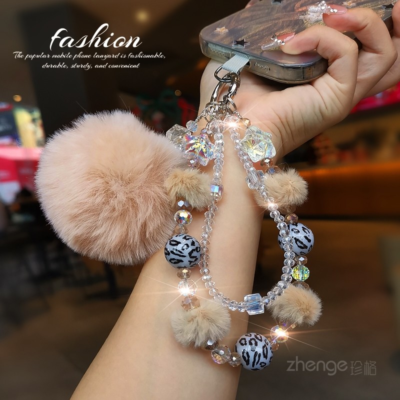 手机链挂绳短款个性豹纹毛绒串水晶双链毛球挂件户外携带防丢挂链,3C数码配件,手机挂件/手机链,淘宝优惠券,粉丝福利购,淘宝优惠卷