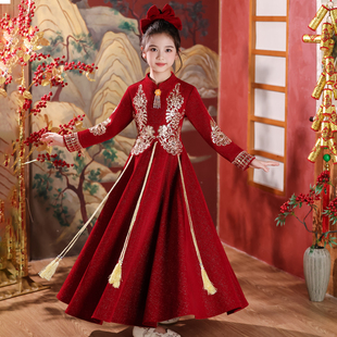 女童汉服连衣裙2025秋冬红色中国风儿童拜年服加绒新中式唐装裙子