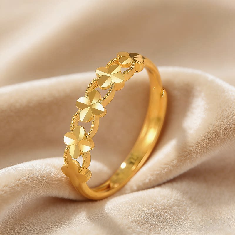 四花瓣金色戒指女高端百搭素圈结婚戒指开口指环气质女生日常配饰