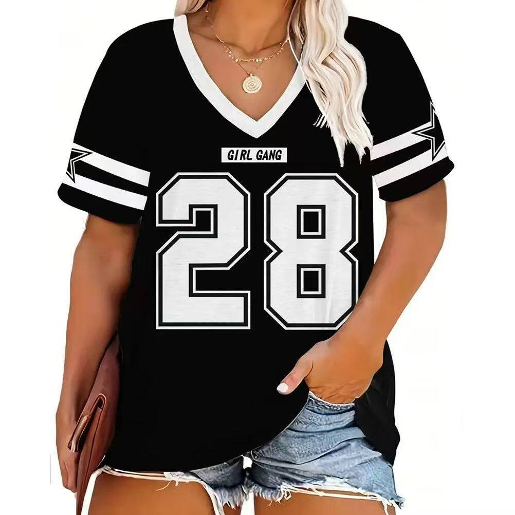 美式风V领数字28印花V领短袖T恤女宽松条纹休闲运动上衣男女同款