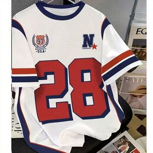 数字28美式复古球衣短袖T恤女夏季新款宽松休闲百搭上衣短袖