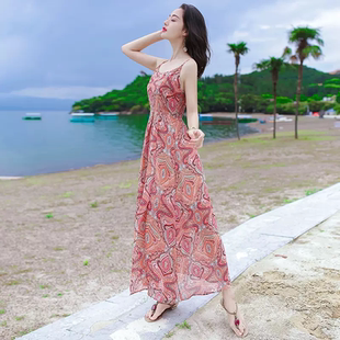 2024夏季新款女装吊带裙雪纺连衣裙仙女长裙巴厘岛海边度假沙滩裙