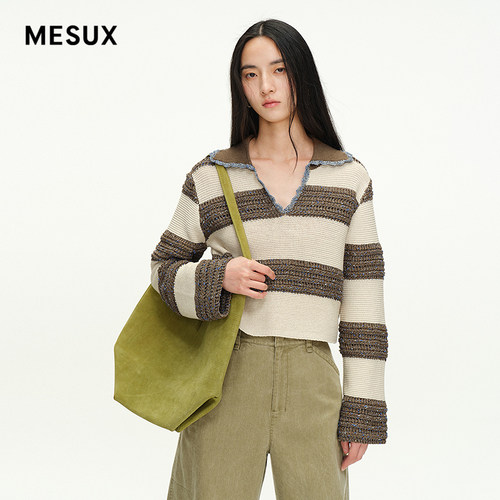 MESUX米岫新品法式复古粗纺POLO领长袖针织衫MNSUE406