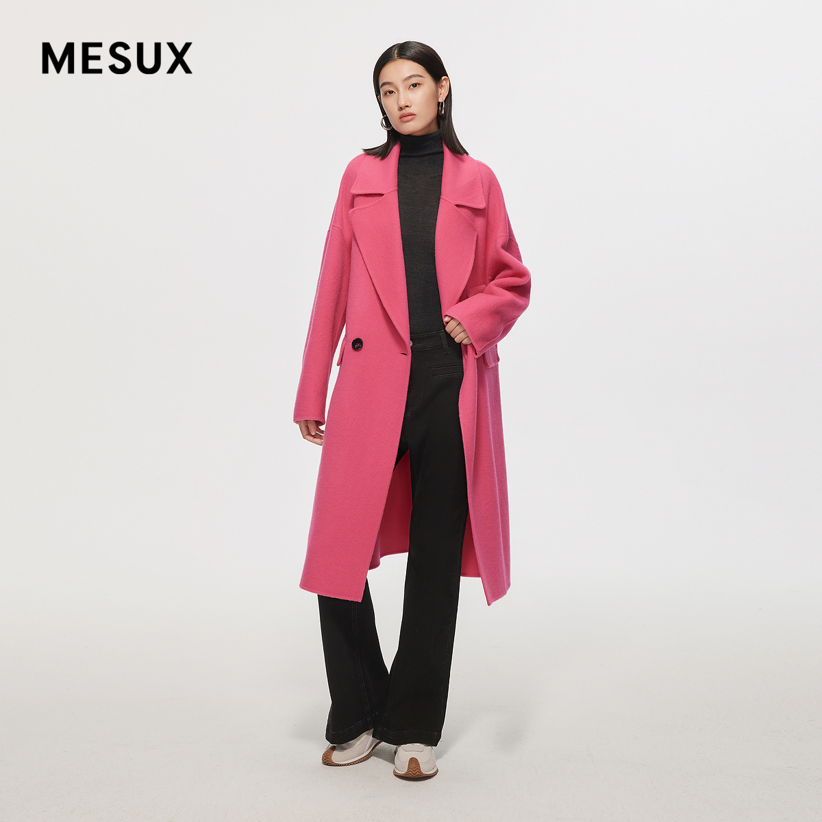 MESUX米岫23冬季新品时尚设计绵羊毛双面呢长大衣女MLWUI316 女装/女士精品 风衣 原图主图