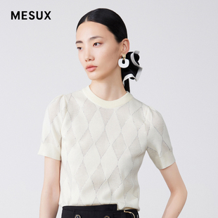夏菱格水钻提花泡泡短袖 MESUX米岫秋季 女装 MKSUE301 新品 羊毛衫