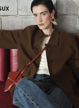 MESUX米岫26春牛仔水洗风斜纹棉复古翻领袋盖廓形夹克MOSUH601