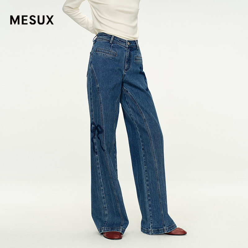 MESUX米岫25秋高支高密复古街头水洗蝴蝶刺绣直筒牛仔裤MNFUR413