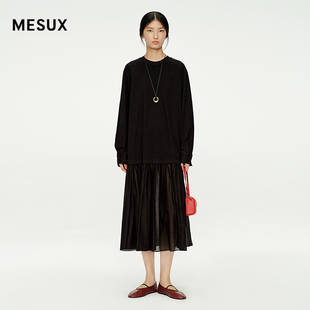 MESUX米岫25冬汉麻丝绵拼接直筒版型黑色长袖针织连衣裙MNWUO601