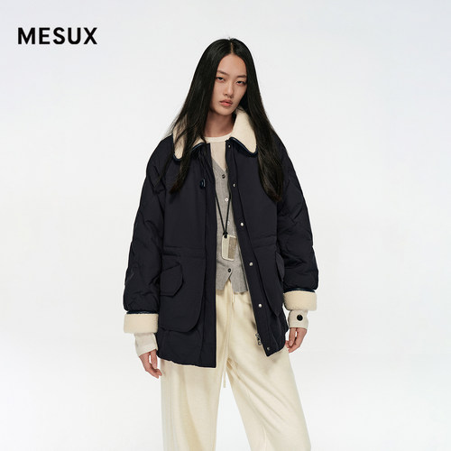 MESUX米岫25冬量感暖核毛翻领菱格纹轻暖中长款羽绒服MNWBL501