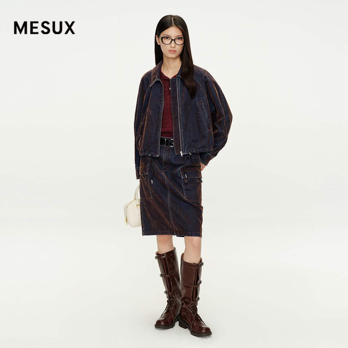 MESUX米岫25秋复古立体洗磨植绒丹宁高腰重工牛仔半身裙MNFUS511