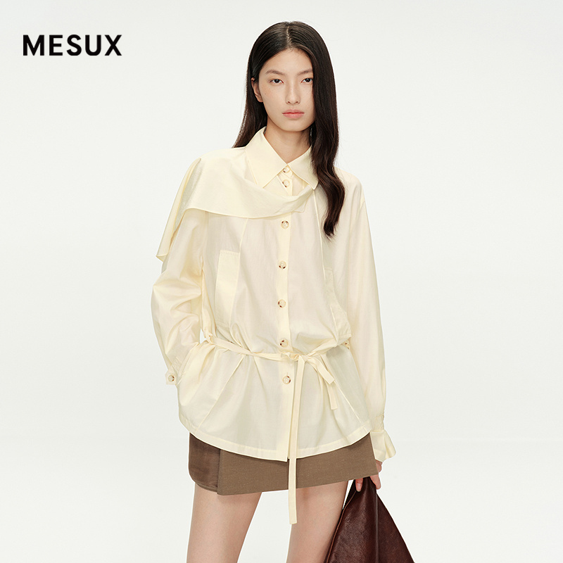 MESUX米岫25秋简约设计感桑蚕丝X长绒棉肌理扭结衬衫上衣MNFUC408