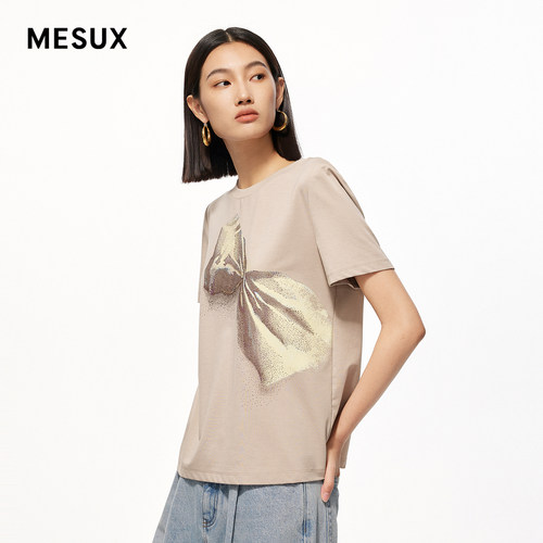 MESUX米岫新款女装刺绣印花T恤宽松短袖上衣MMSUB302