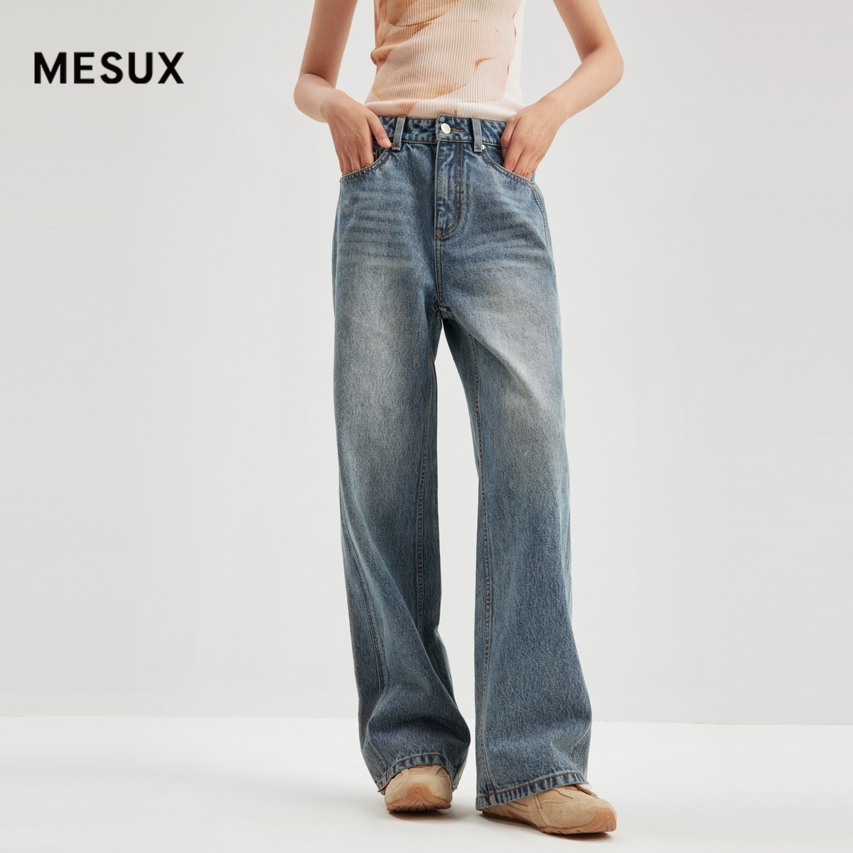 MESUX米岫新品女装复古直筒牛仔裤宽松显瘦长裤MMFUR412