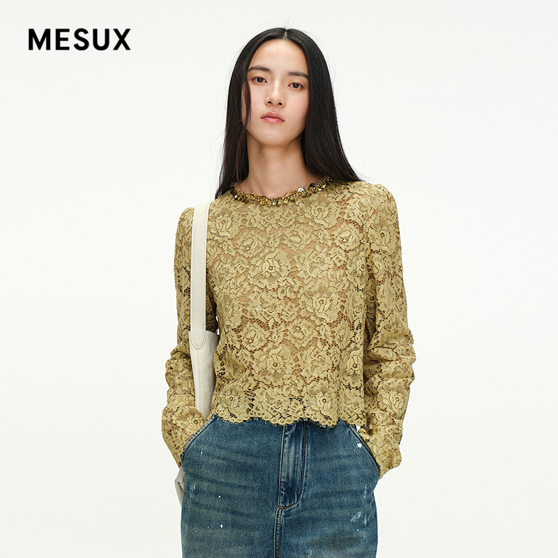MESUX米岫25新品小香风蕾丝绣花纱肌理长袖T恤上衣MNSUD501