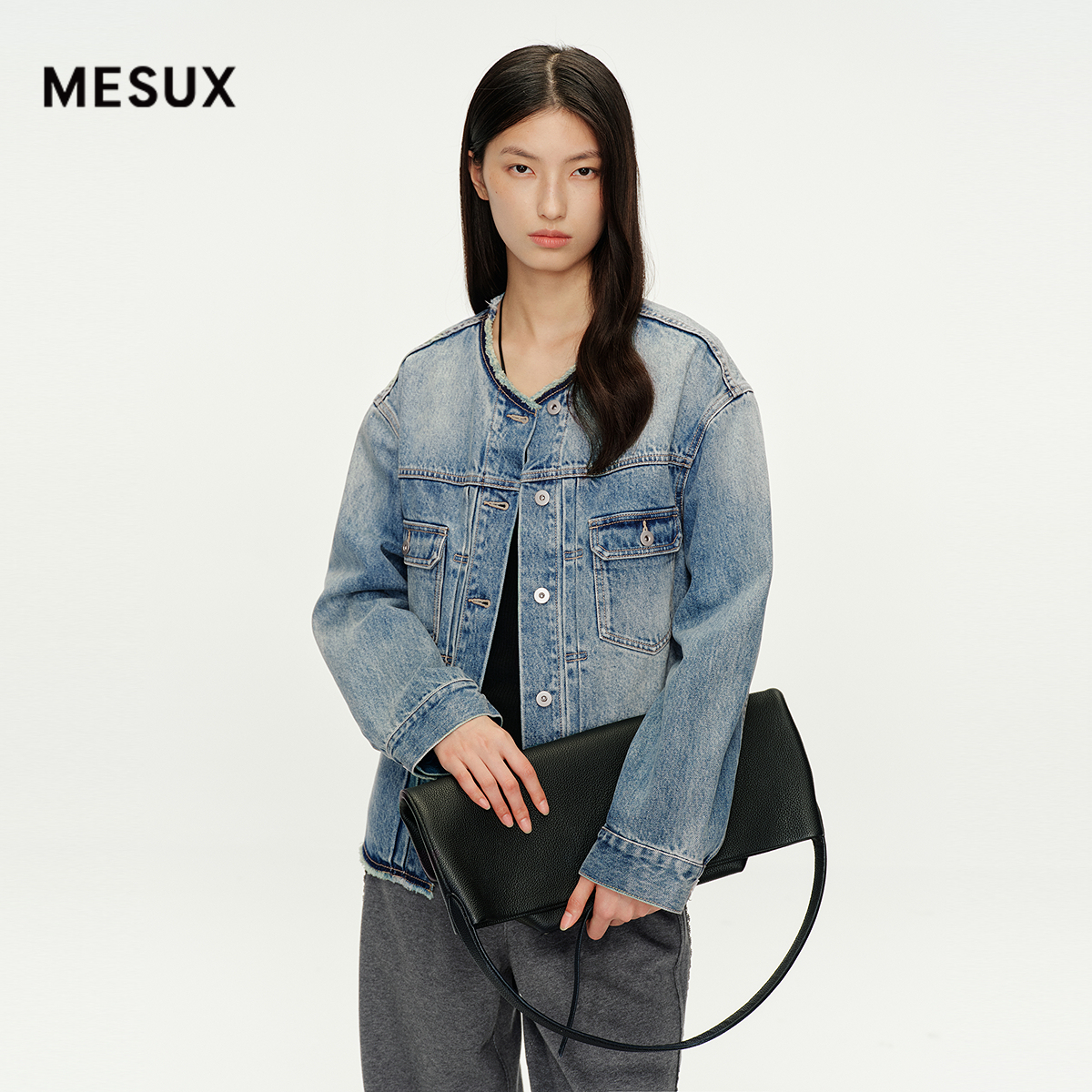 MESUX米岫新品女做旧风圆领纯棉牛仔外套MMFUH503