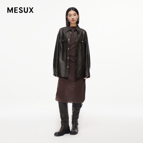 MESUX米岫新品女装纯色复古宽松型翻领PU外套MMFUH601