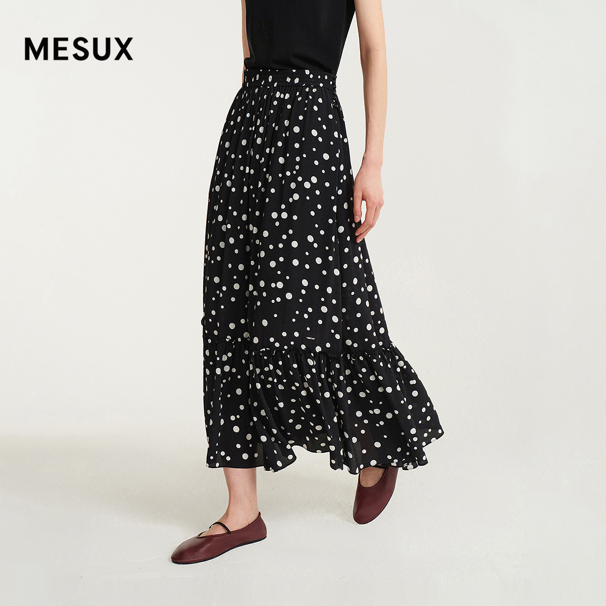 MESUX米岫26夏轻薄双绉波点印花 灵动碎褶法式半身裙MOMUS434
