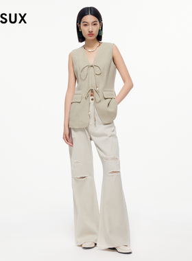 MESUX米岫新品女V领系带浅绿色马甲MMFUK202