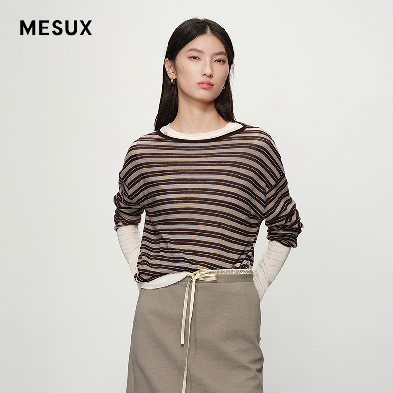 MESUX米岫25新品水溶羊毛圆领套头条纹针织衫毛衣上衣MNSUE413