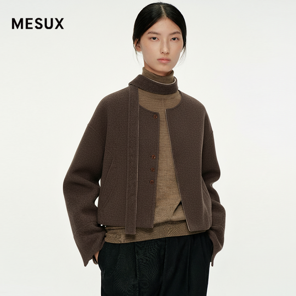 MESUX米岫25冬美丽诺羊毛双面呢复古系带领毛呢外套上衣MNWPI401