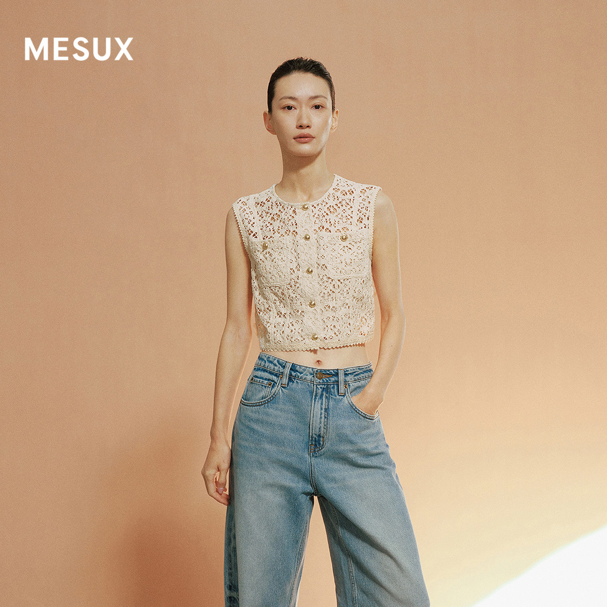 MESUX米岫26夏日本进口蕾丝面料金属扣贴袋短开衫马甲MOMUD212