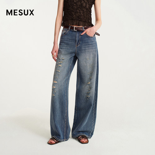 MESUX米岫26夏轻盈凉感牛仔复古水洗破洞直筒牛仔裤MOMUR414