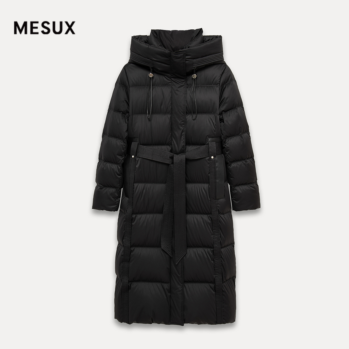 MESUX米岫25冬白鸭绒轻暖宽松连帽附腰带高领长款羽绒服MNWSL404