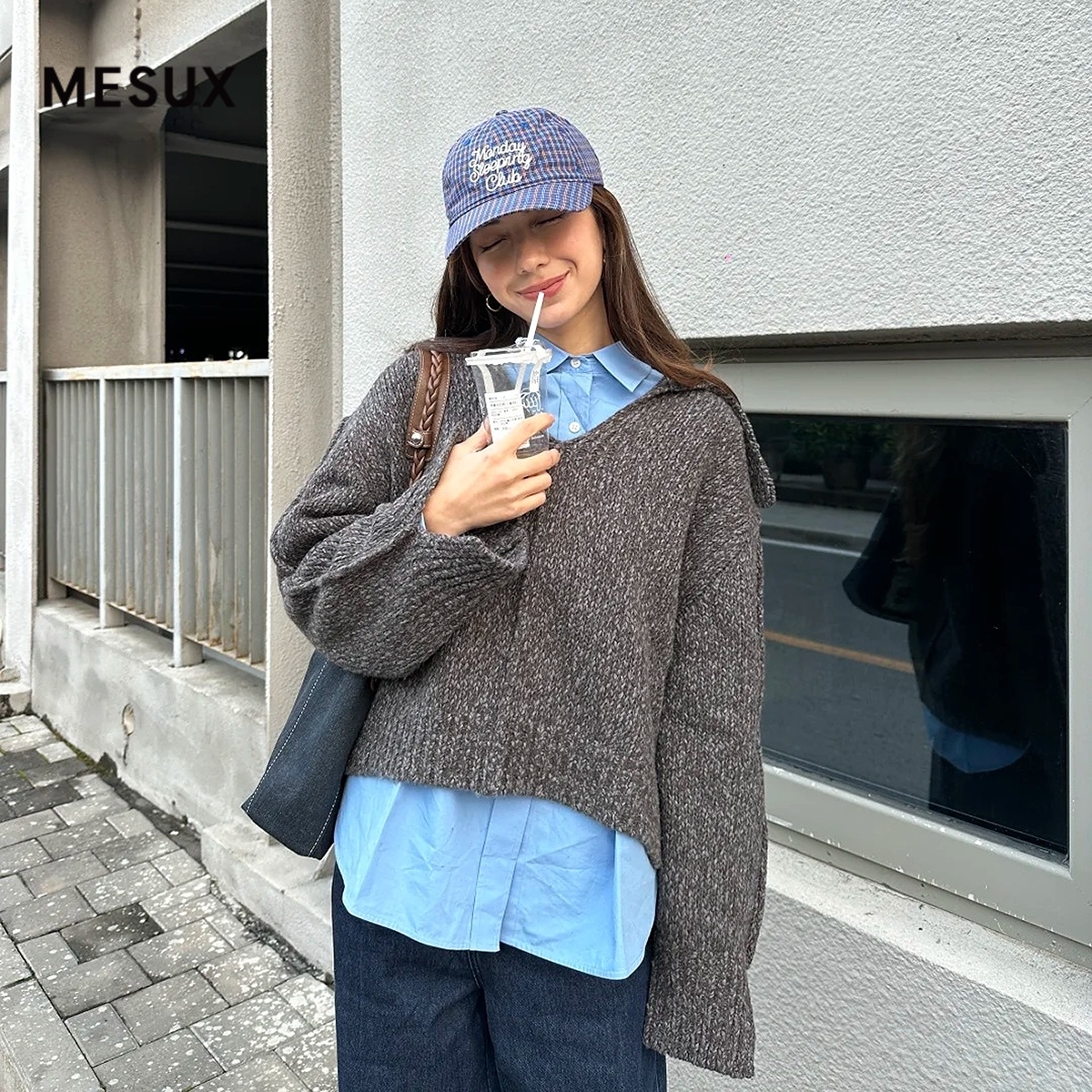 MESUX米岫25冬棉羊毛混纺翻领大V口设计长袖针织毛衫上衣MNWUE404