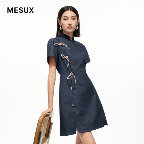 MESUX米岫新款女装新中式牛仔旗袍裙国风连衣裙MMSUO405