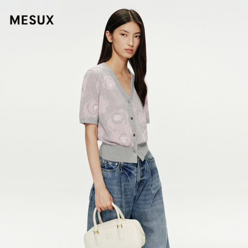 MESUX米岫秋季经典晕染图案雅致V领短袖针织开衫上衣MNFUE523