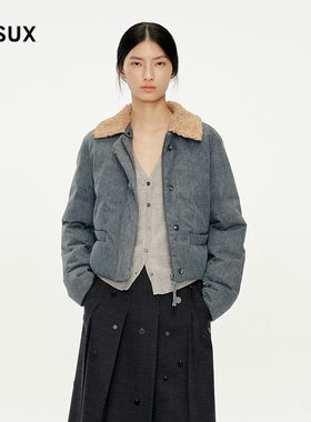 MESUX米岫25冬翠峰绒牛仔拼接毛领中性外套短款羽绒服MNWUL203