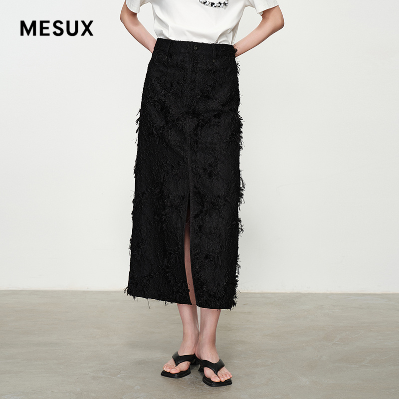 MESUX米岫25新品精裁中高腰开叉直筒长款黑色半身裙MNSUS305