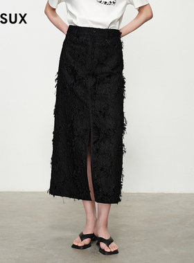 MESUX米岫25新品精裁中高腰开叉直筒长款黑色半身裙MNSUS305