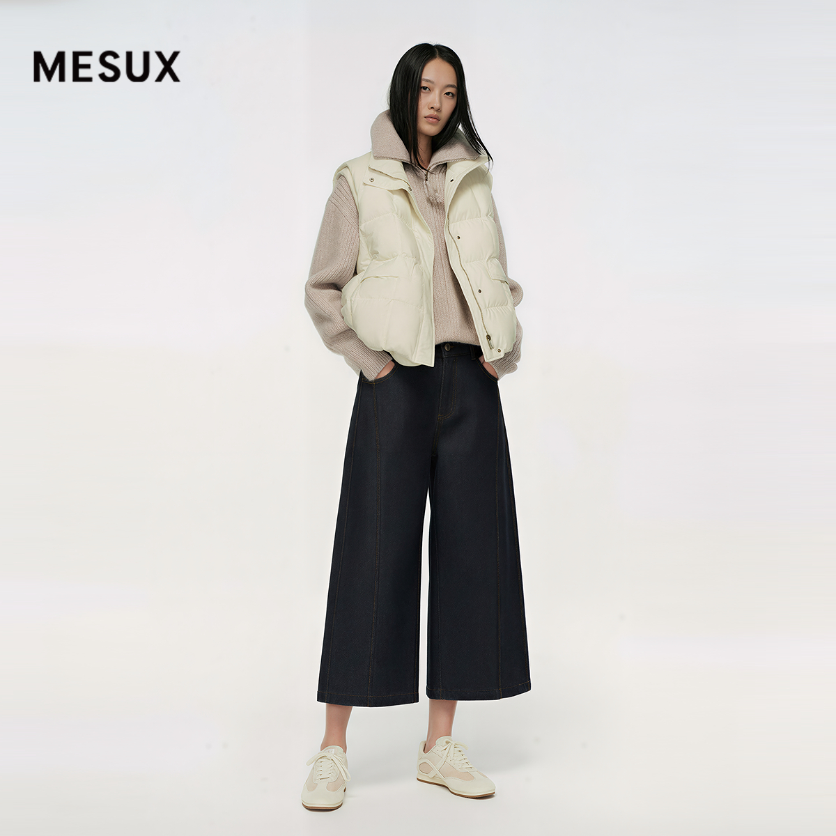 MESUX米岫25冬弹力绒暖直筒通勤百搭七分裤休闲牛仔裤MNWPR301