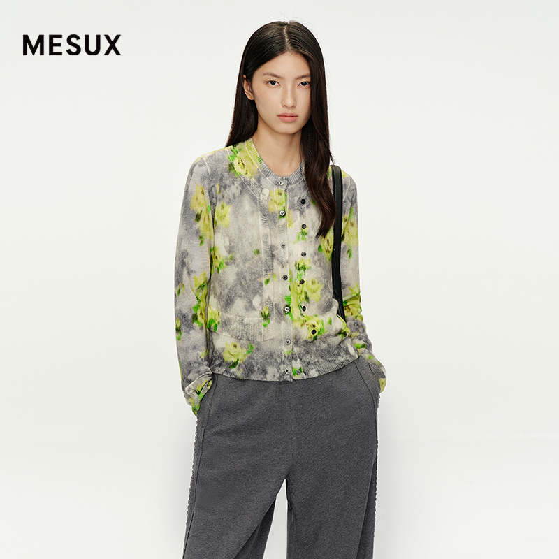 MESUX米岫25秋马海毛羊驼毛抽象印花假两件针织开衫上衣MNFUE519