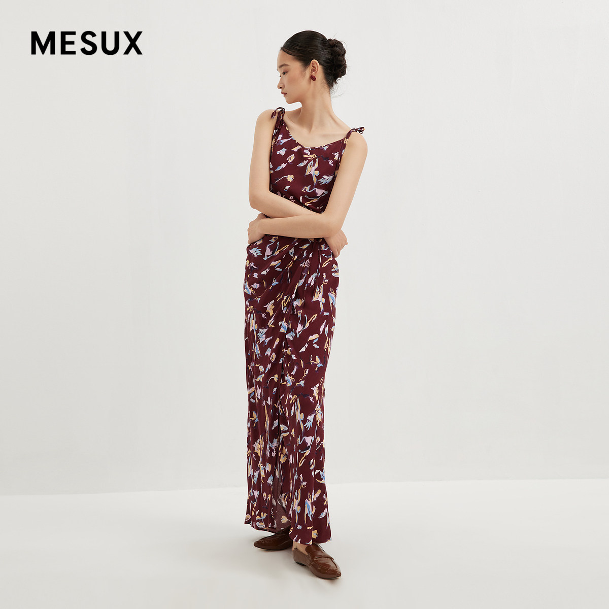 MESUX米岫新品女装印花调节腰无袖长款礼服裙MMFUO202