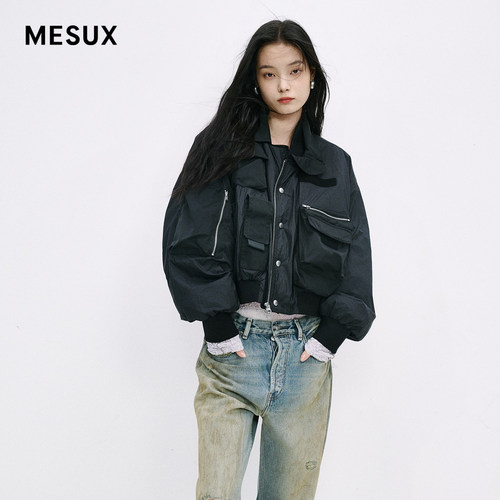 MESUX米岫新品女装黑色工装风宽松机车夹克羽绒服MMWUL209