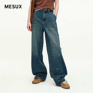 MESUX米岫25手工涂鸦经典 MNSUR407 水洗直筒复古怀旧牛仔裤