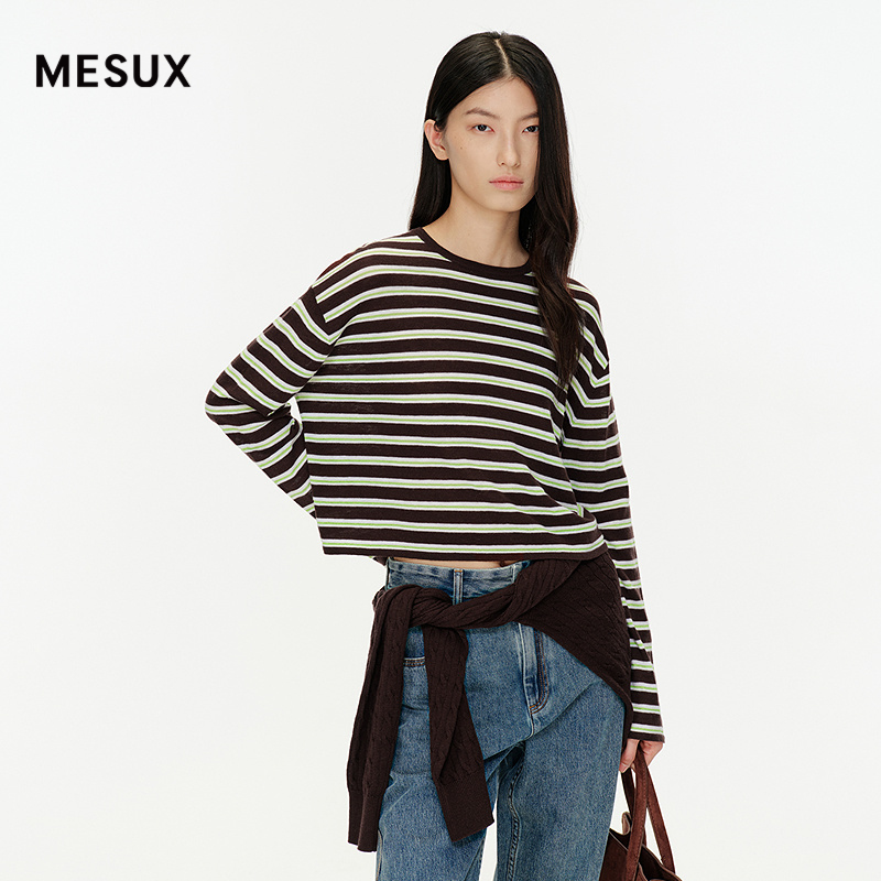 MESUX米岫25秋美丽诺羊毛桑蚕丝条纹宽松圆领针织衫上衣MNFUE409