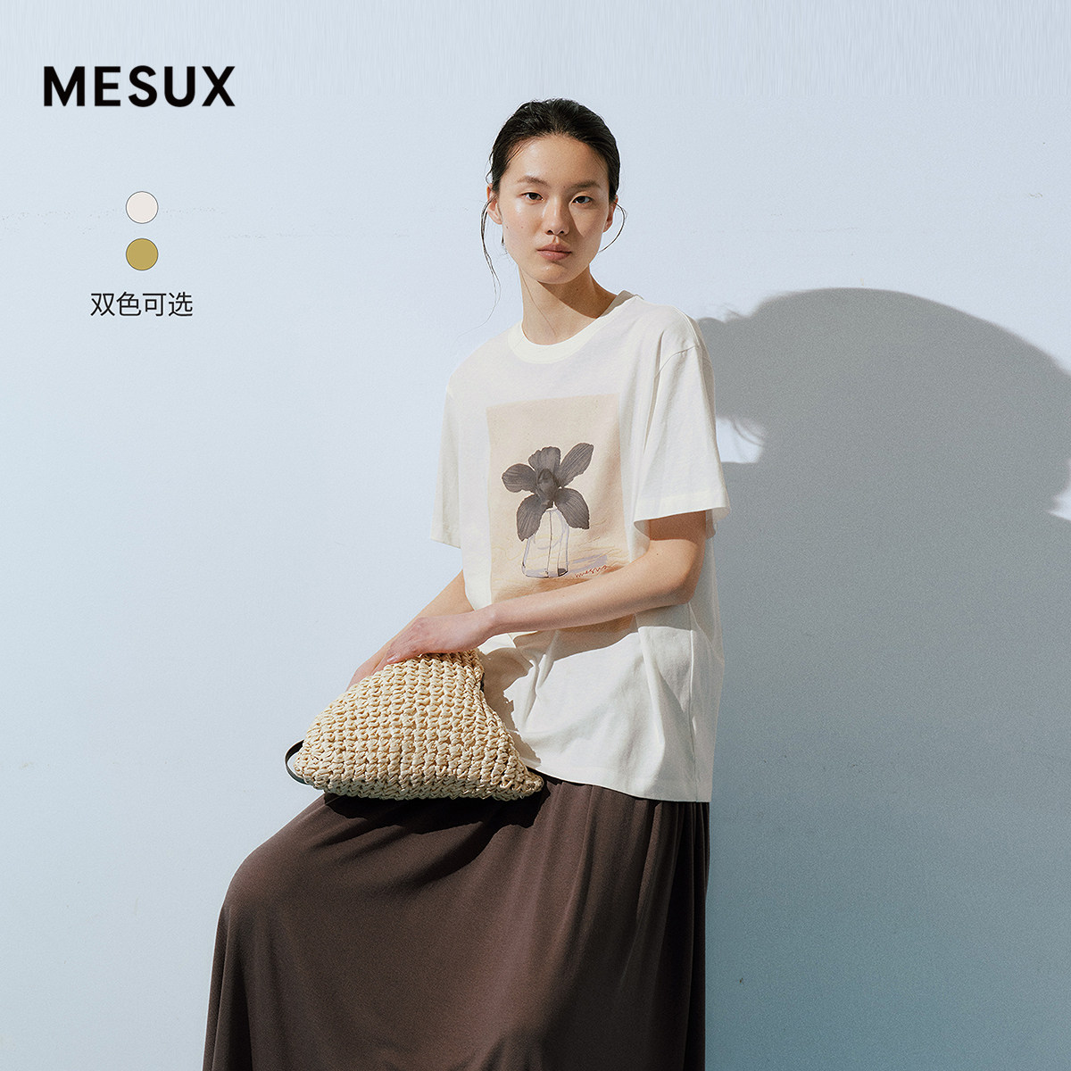 MESUX米岫26夏针织面料原创照片感手绘印花圆领廓形T恤MOMUB317