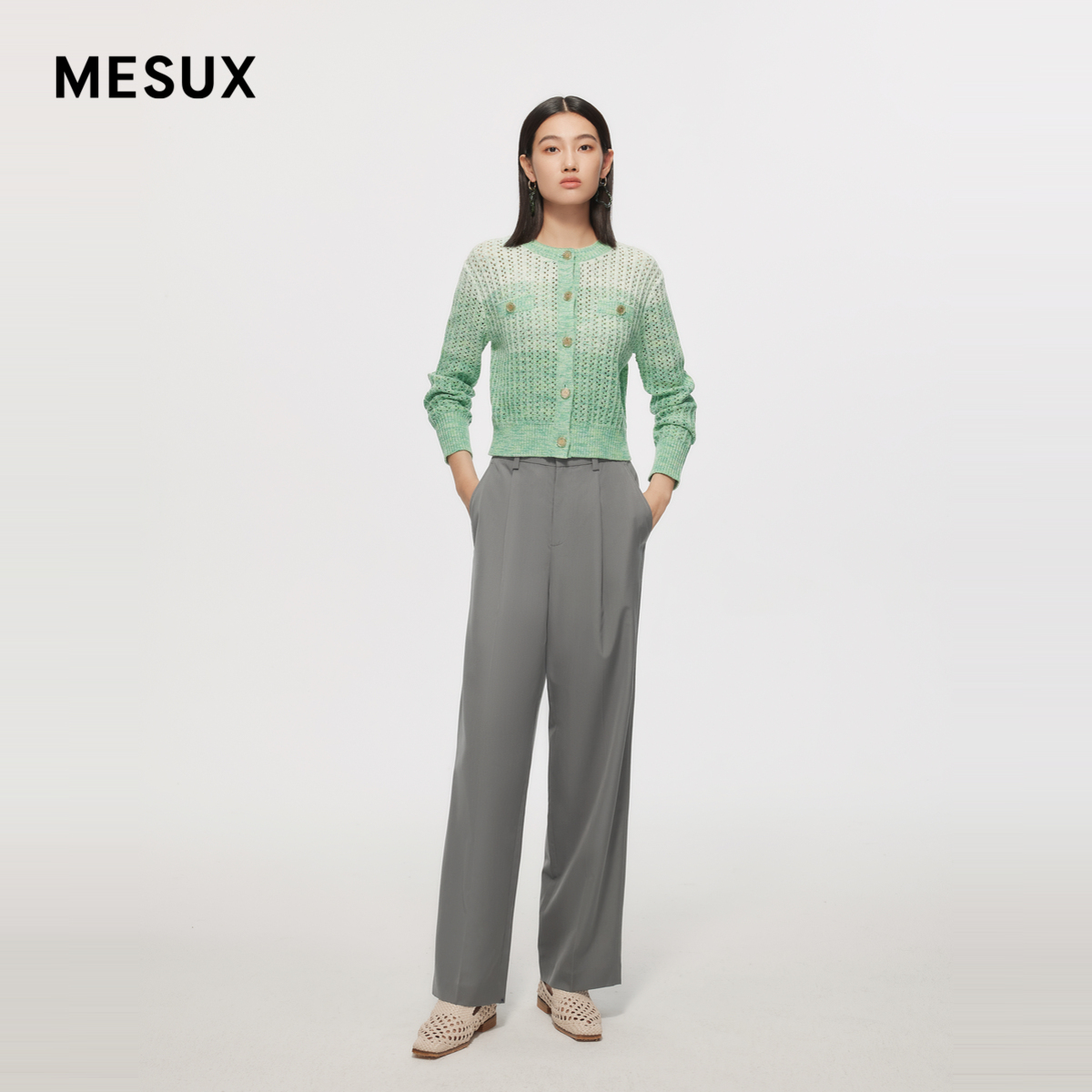 MESUX米岫24春季新品时尚设计浅绿渐变花纱毛织开衫女MMSUE509 女装/女士精品 毛针织衫 原图主图